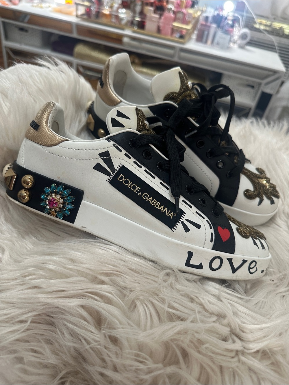 Dolce & Gabbana White Love Embellished Leather Sneakers